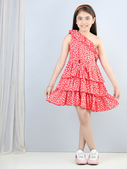 AWW HUNNIE - Girls Red One Shoulder Lyred Dress with Belt (Set of 2)