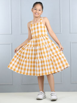 AWW HUNNIE - Girls Yellow Checks Lyred Cotton Dress