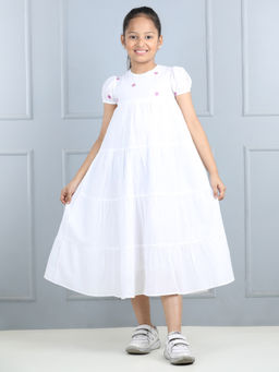 AWW HUNNIE - Girls White Embroidered Yog Lyred Short Sleeves Dress