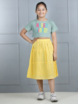 AWW HUNNIE - Girls Green & Yellow Crop T-Shirt with Skirt (Set of 2)