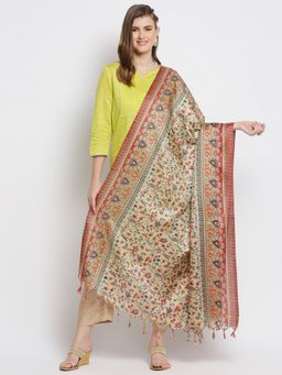 Dupatta Bazaar - Womens Beige & Red Floral Printed Silk Dupatta