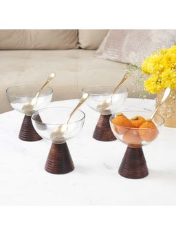 HomeTown - Nelumbra Metal, Glass and Wood Dessert Bowl Set in Transparent & Brown Colour