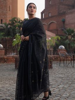 Beatitude - Black Cotton Silk Jacquard Jamdani Saree Without Blouse