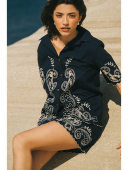 Calling June - Navy Blue Catalina Embroidered Shirt