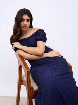 Styli - Women Navy Blue Off Shoulder Sheath Lace Maxi Dress