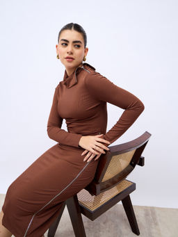 Styli - Women Brown Solid High Neck Bodycon Midi Dress