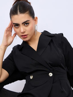 Styli - Women Black Plain Short Sleeves Blazer Midi Dress