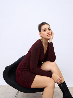 Styli - Women MaroonLong Sleeve Bodycon Dress With Rouching