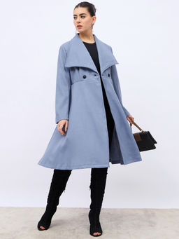 Styli - Women's Medium Blue Long Line Regular Fit Buttoned Wool Look Overcoat