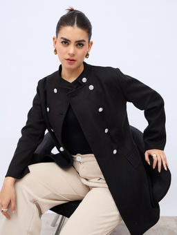 Styli - Women's Black Long Line Double Breasted Overcoat