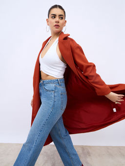 Styli - Women's Burgundy Oversized Solid Knee Length Overcoat With Belt (Set Of 2)