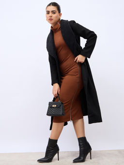 Styli - Women's Black Regular Fit Midi Length Wool Look Fur Overcoat