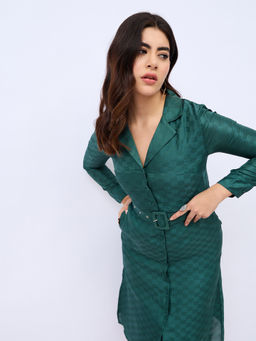 Styli - Green Notch Collar Shirt Midi Dress with Fabric Belt (Set of 2)