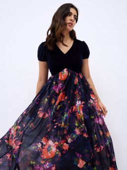 Styli - Purple Floral Print V-Neck A-Line Maxi Dress