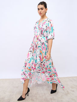 Styli - Women Pink Abstract Print Bell Sleeve Fit and Flare Dress