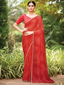 Odette - Womens Georgette Red Printed Designer Saree with Unstitched Blouse