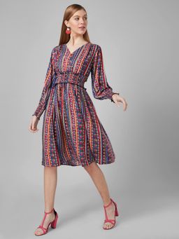 Style Quotient - Women Multi Tribal Printed Rayon Fit And Flare Smart Casual Dress
