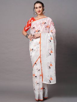 Odette - White Festive Linen Blend Printed Saree with Unstitched Blouse