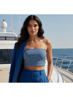 Oh Rare - Women Blue Polyester Stripes Crop Top