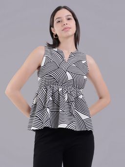 Oh Rare - Women Black Polyester Stripes Peplum Top