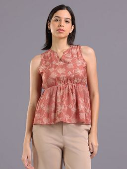 Oh Rare - Women Rust Polyester Floral Peplum Top