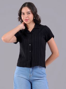 Oh Rare - Women Black Polyester Stripes Shirt