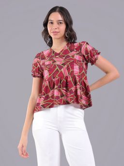 Oh Rare - Women Maroon Polyester Geometric Top
