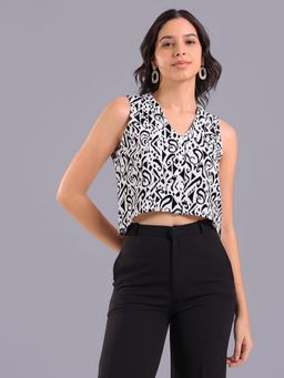 Oh Rare - Women White Polyester Abstract Crop Top