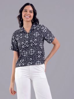 Oh Rare - Women Black Polyester Geometric Top