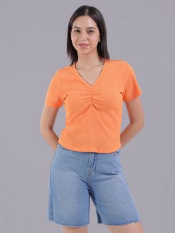 Oh Rare - Women Orange Polyester Textured Crop Top