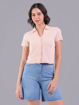 Oh Rare - Women Peach Polyester Textured Crop Top