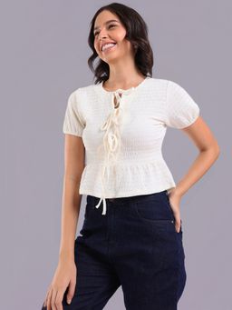 Oh Rare - Women Off White Polyester Textured Crop Top