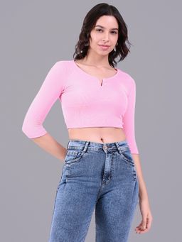 Oh Rare - Women Pink Polyester Solid Crop Top