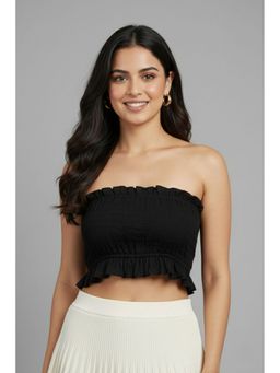 Oh Rare - Women Black Polyester Textured Crop Top