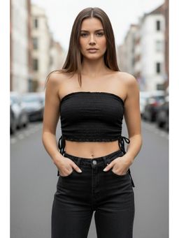 Oh Rare - Women Black Polyester Textured Crop Top