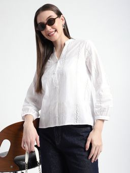 R&B - Women White Cotton Embroidered Top