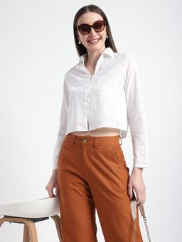 R&B - Women White Cotton Self Design Shirt