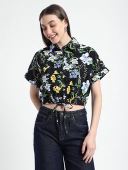 R&B - Women Black Cotton Floral Shirt
