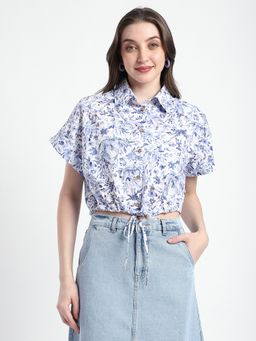 R&B - Women Blue Cotton Floral Shirt