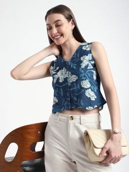 R&B - Women Blue Cotton Floral Crop Top