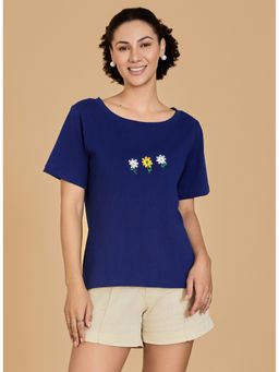 Urban Sundari - Embroidered Women Round Neck Blue T-Shirt