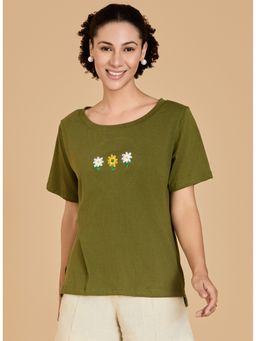 Urban Sundari - Embroidered Women Round Neck Olive T-Shirt