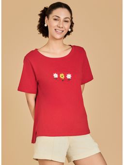 Urban Sundari - Embroidered Women Round Neck Red T-Shirt
