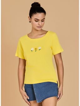 Urban Sundari - Embroidered Women Round Neck Yellow T-Shirt