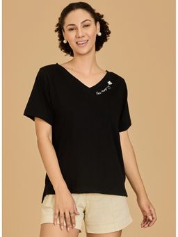 Urban Sundari - Embroidered Women V Neck Black T-Shirt