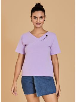 Urban Sundari - Embroidered Women V Neck Purple T-Shirt