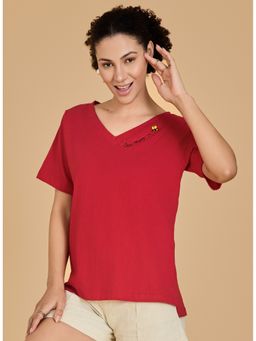 Urban Sundari - Embroidered Women V Neck Red T-Shirt