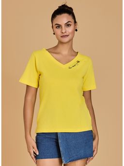 Urban Sundari - Embroidered Women V Neck Yellow T-Shirt