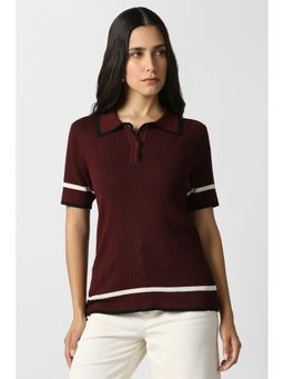 Van Heusen - Women Maroon Striped Formal Collar Neck Top