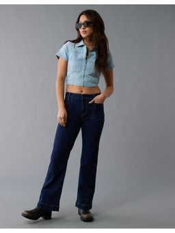 American Eagle - Women Blue Denim Collared Zip-Up Crop Top